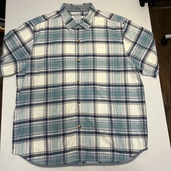 Tommy Bahama Silk Wooden Buttons Blue Plaid Short Sleeve Mens XL - Picture 7 of 8